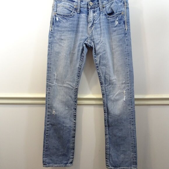 Buckle BKE Jeans Mens 32L Blue Light Wash Denim Straight Leg Carter Distressed - Picture 2 of 9